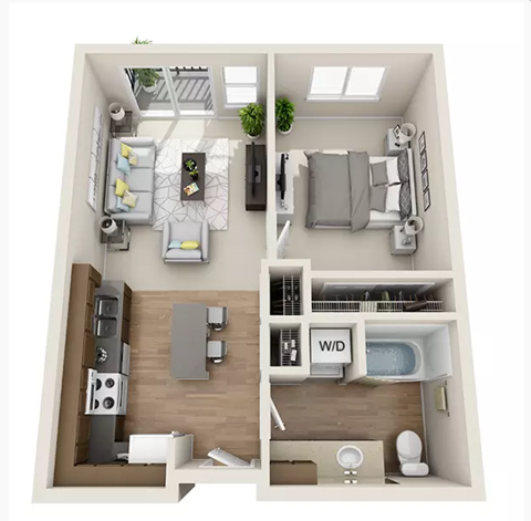 Floor plan for 1 bed, 1 bath, 612 sqft